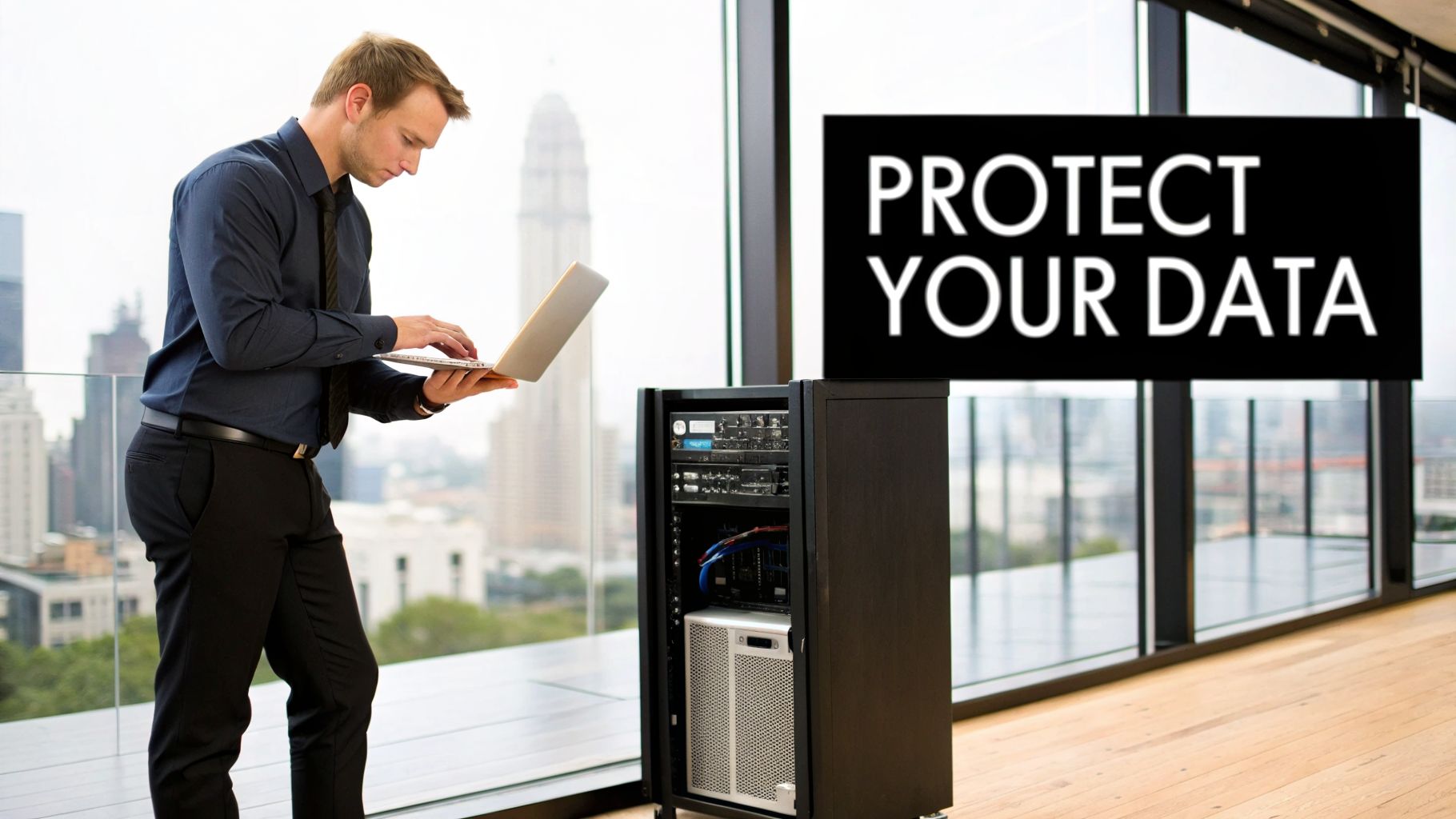 A man uses a laptop next to a server rack, with a 'PROTECT YOUR DATA' sign visible.