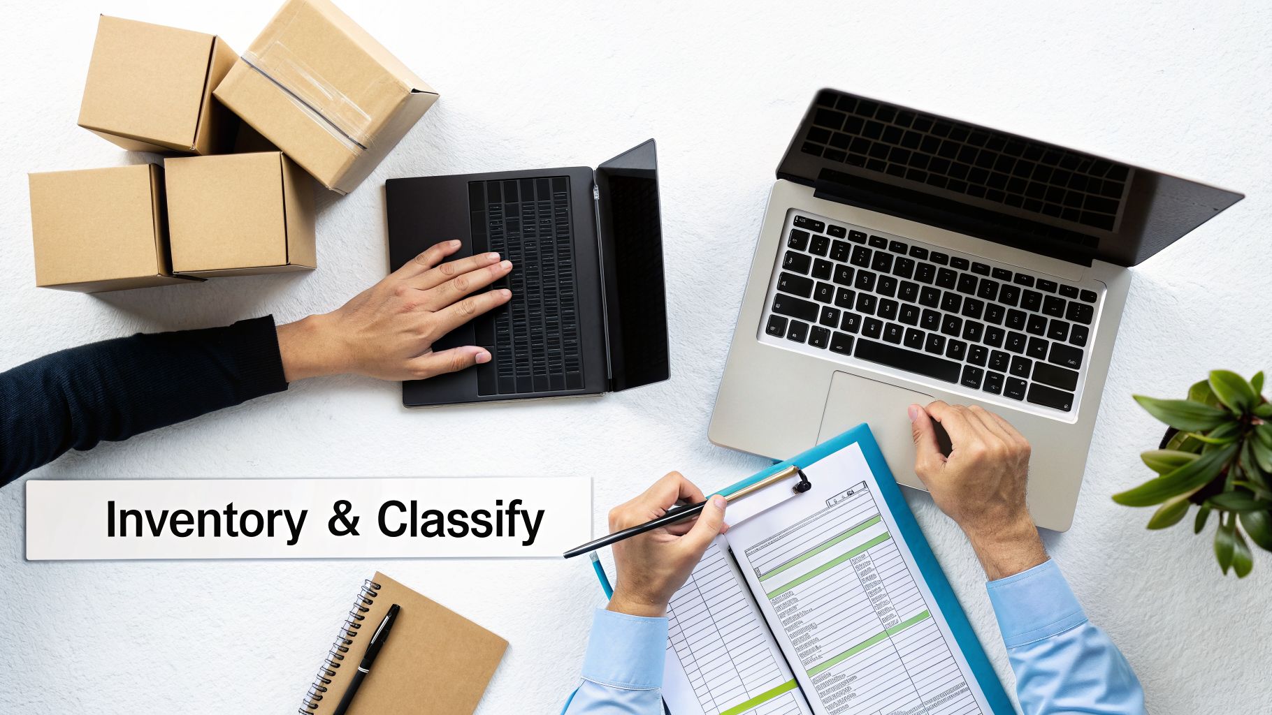 Hands working on laptops and a clipboard, with boxes, for inventory and classification tasks.