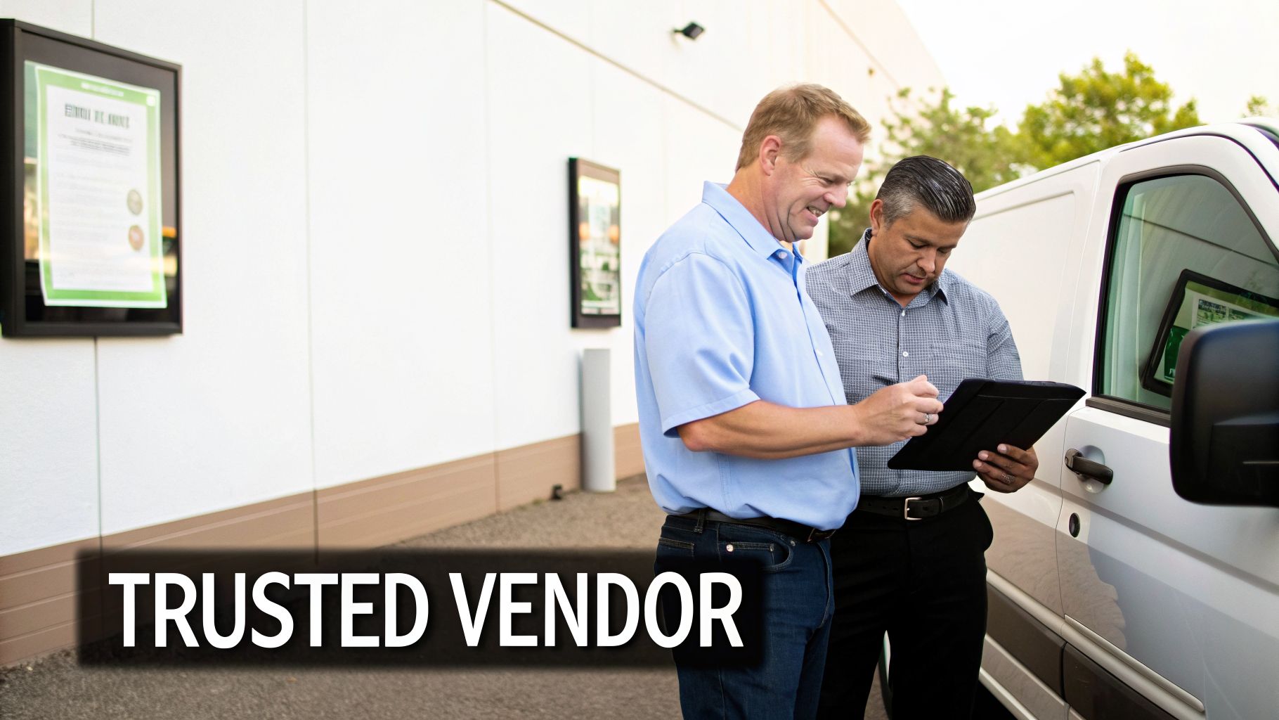 Two men, one signing a tablet while the other watches, next to a white service van.