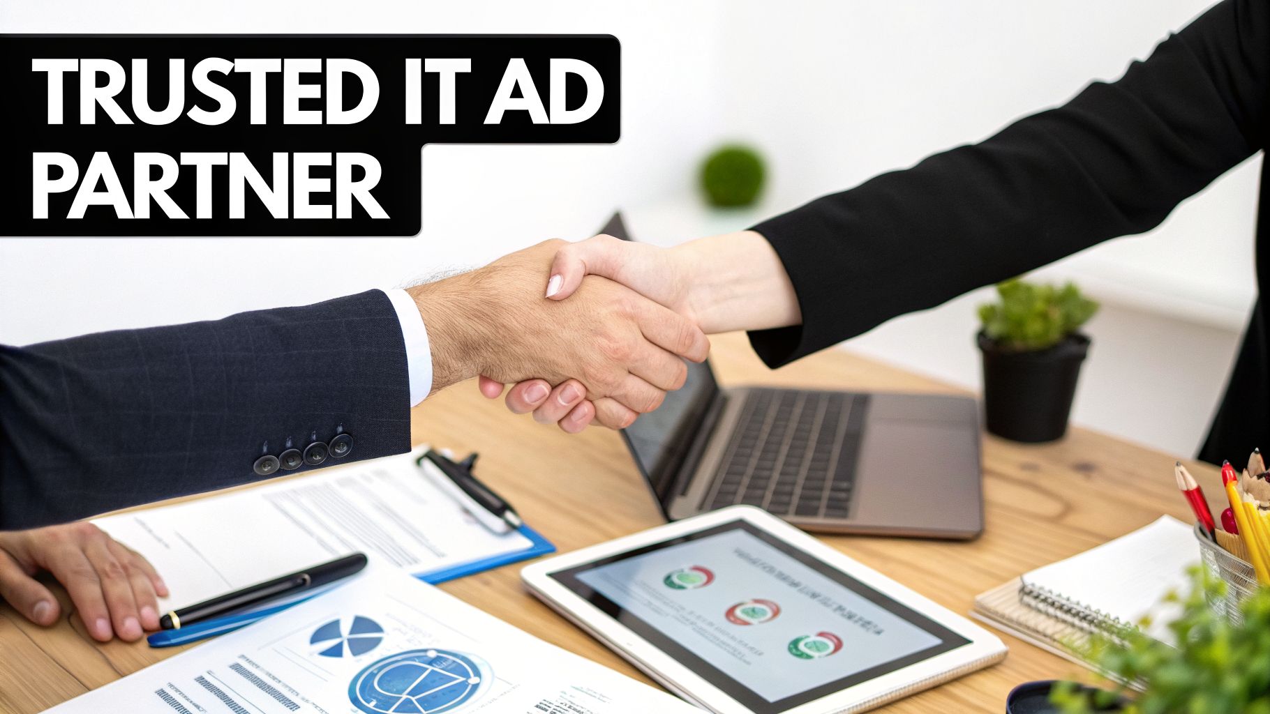 Two business professionals shaking hands over a desk, signifying a trusted IT partnership.