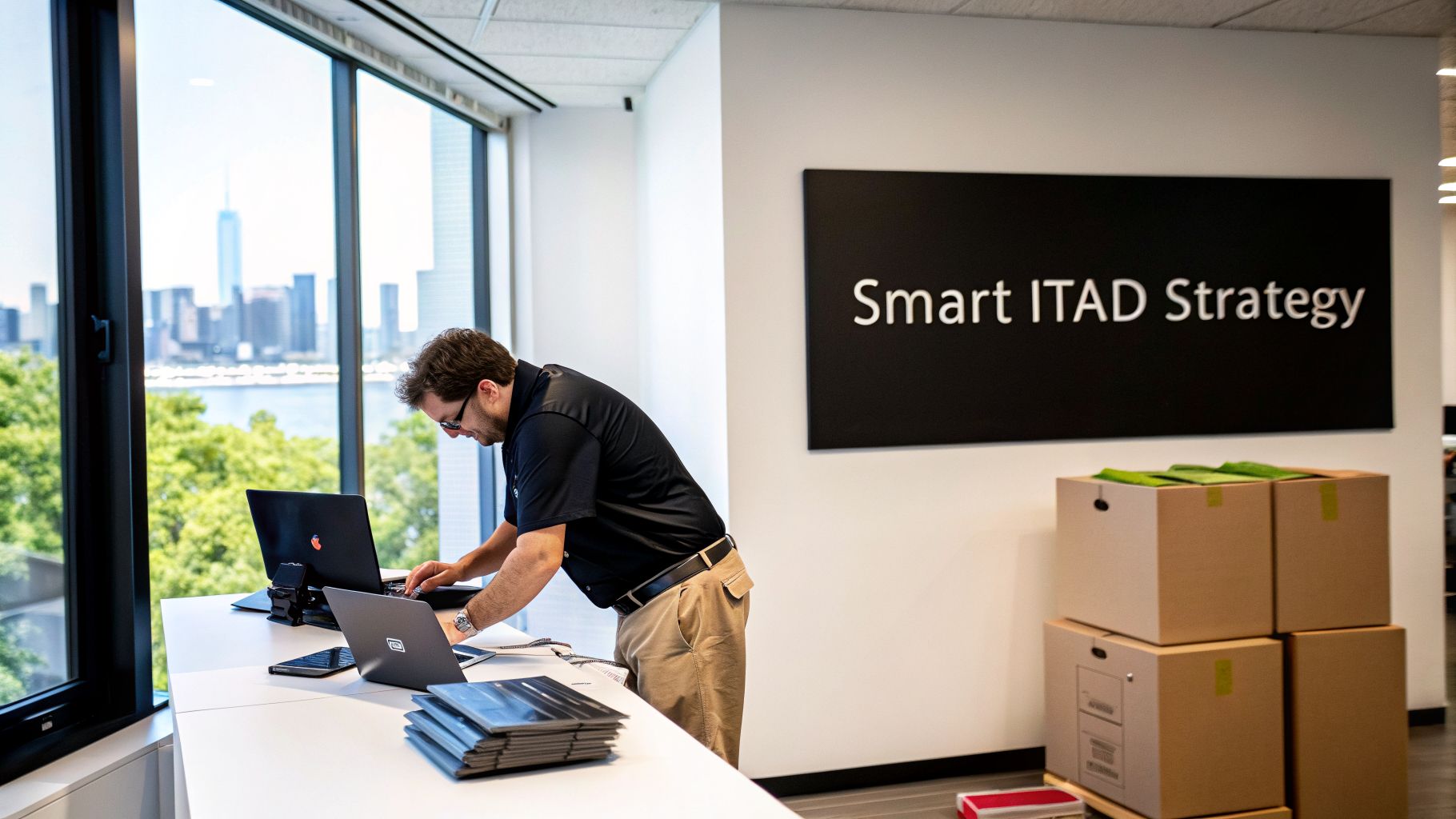 A man works on laptops at a desk in an office with a city view and 'Smart ITAD Strategy' sign.
