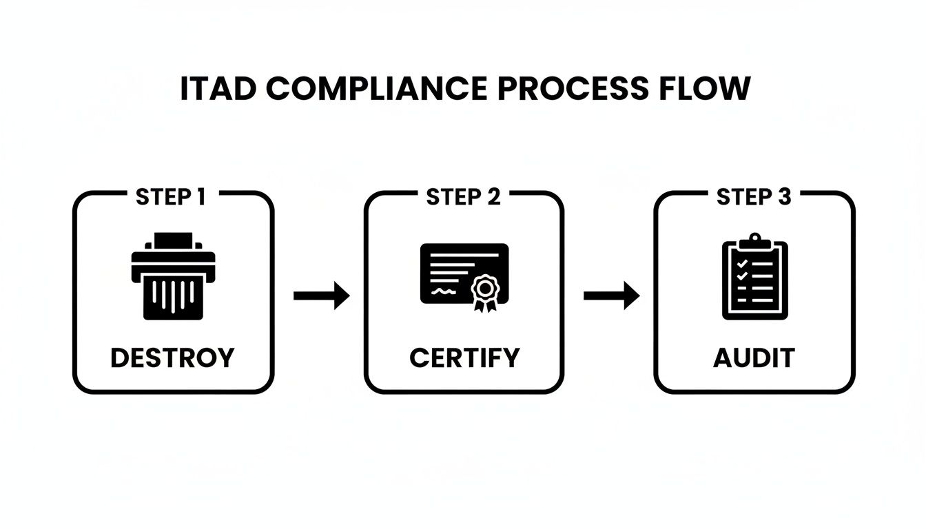 Flowchart showing ITAD compliance process: Step 1 Destroy, Step 2 Certify, Step 3 Audit.
