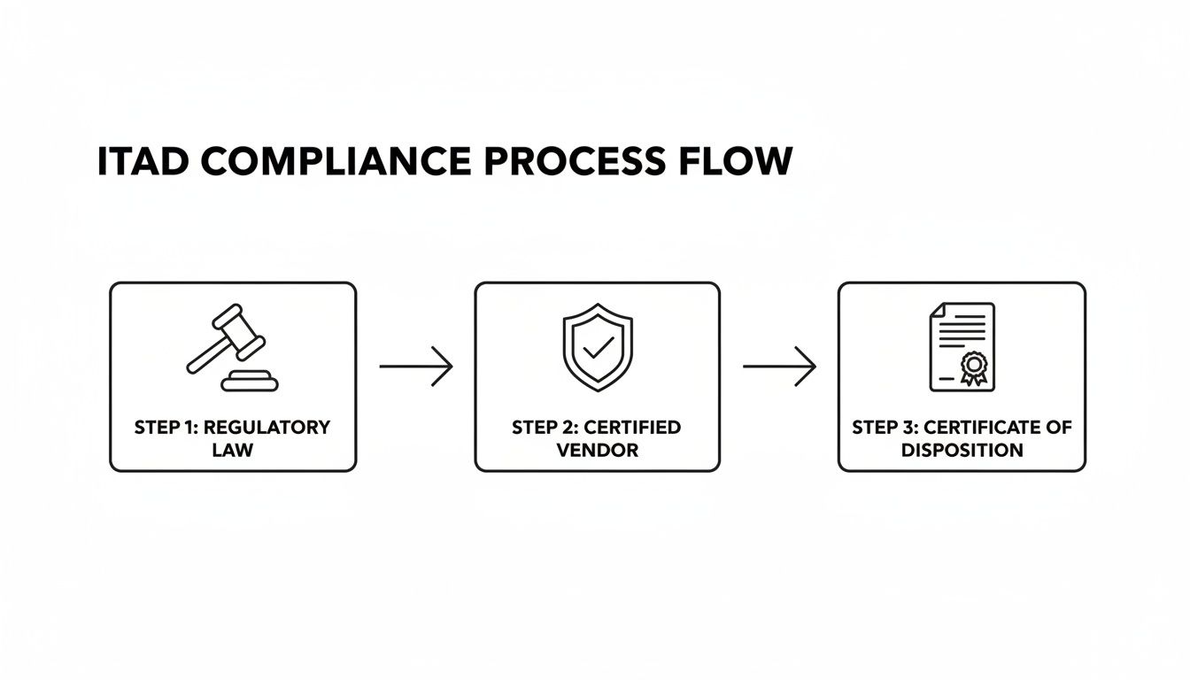An ITAD compliance process flow diagram illustrating three steps: regulatory law, certified vendor, and certificate of disposition.