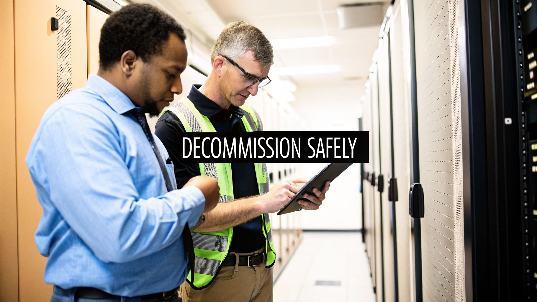 Two IT professionals in a data center inspecting server racks and equipment on a tablet.