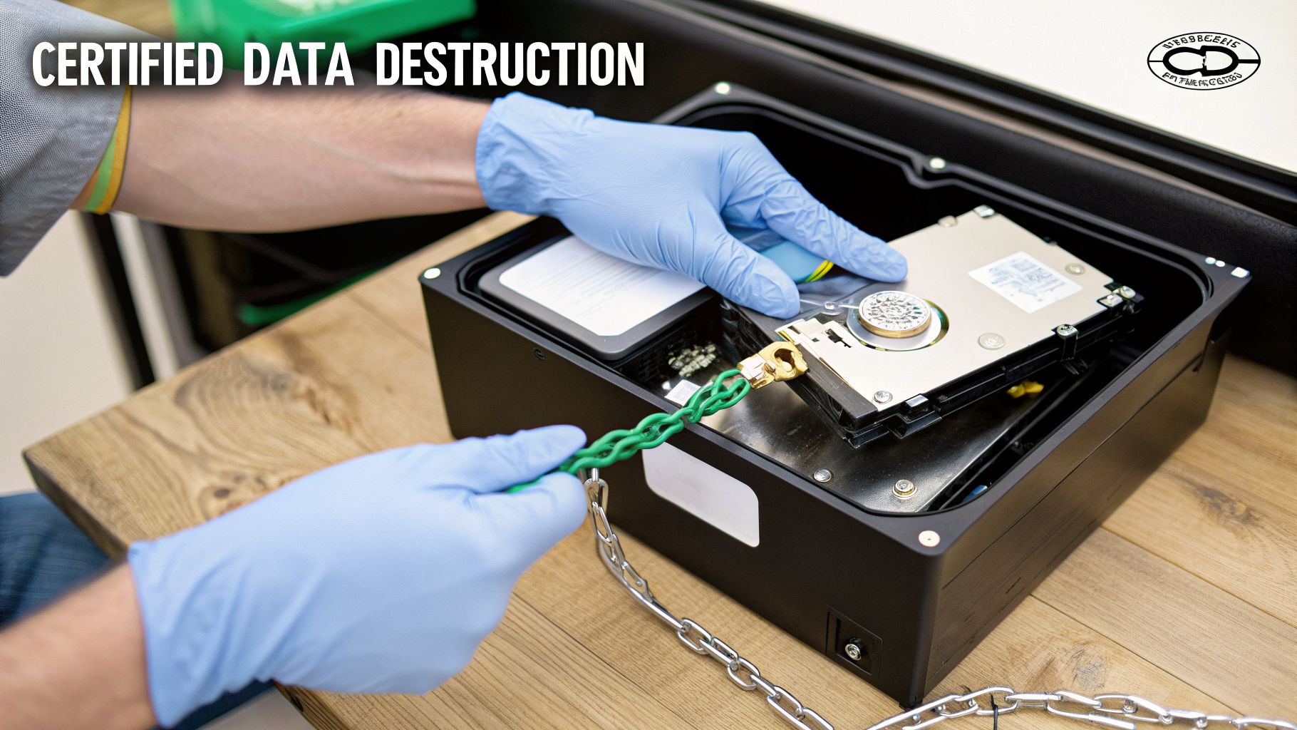 A person in blue gloves prepares a hard drive for certified data destruction in a specialized machine, connected by a chain.