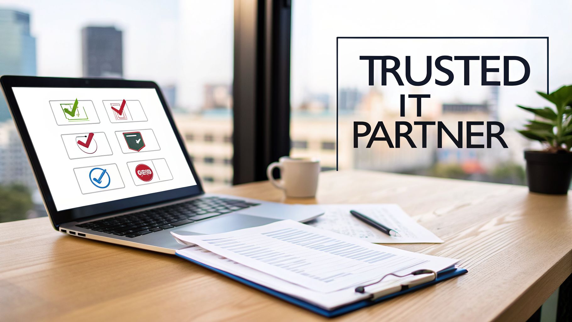 Laptop on a desk displaying solution icons, documents, and a coffee cup, with 'TRUSTED IT PARTNER' text.