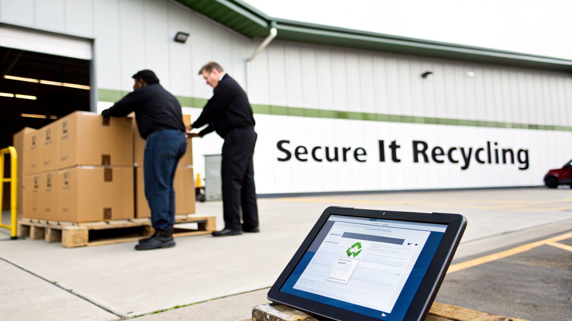Workers loading IT equipment boxes onto pallets outside a secure recycling facility, with a tablet displaying a recycling app.
