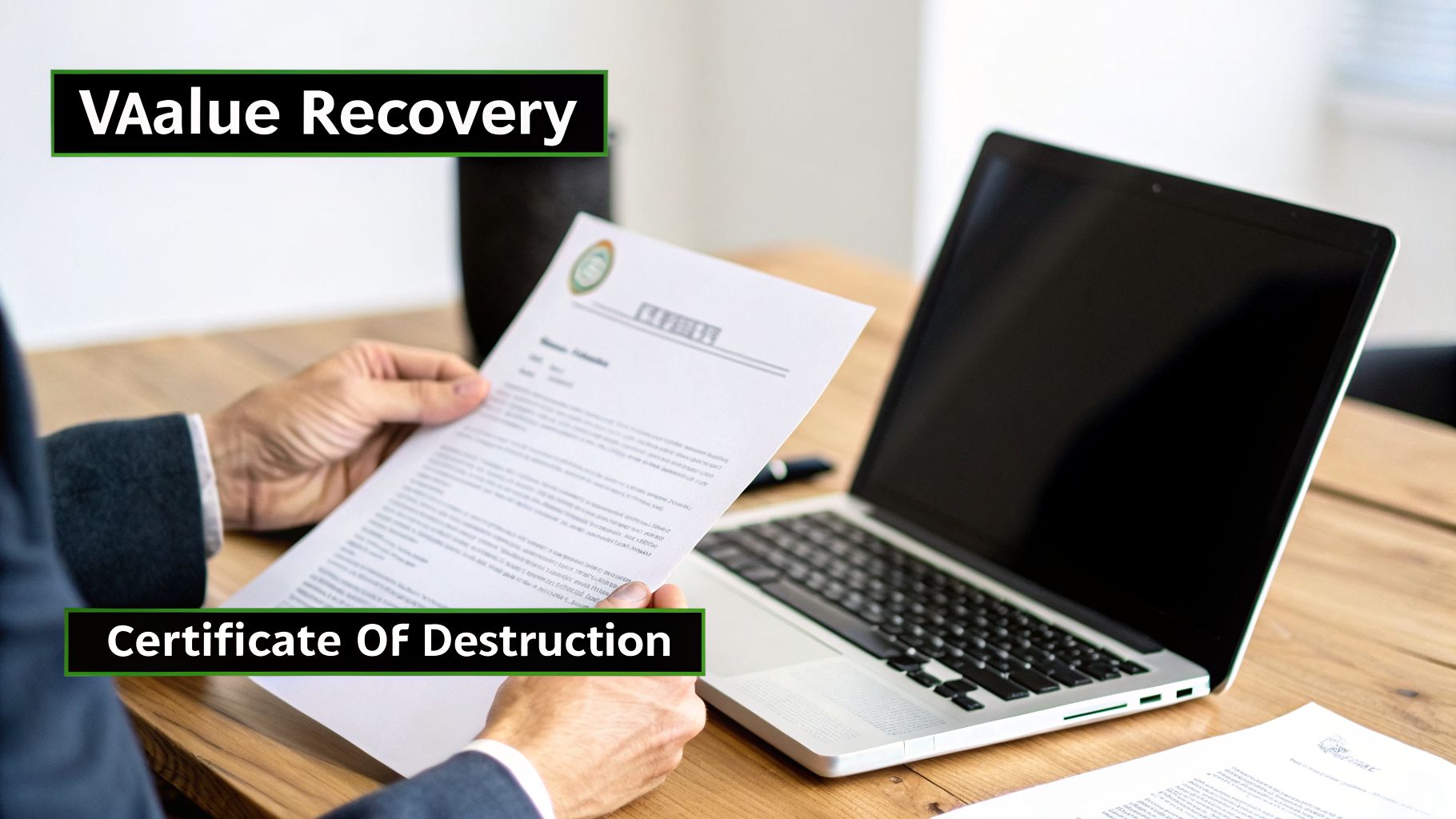 A professional holds a 'Certificate Of Destruction' document next to a laptop on a wooden desk, implying secure asset disposal.