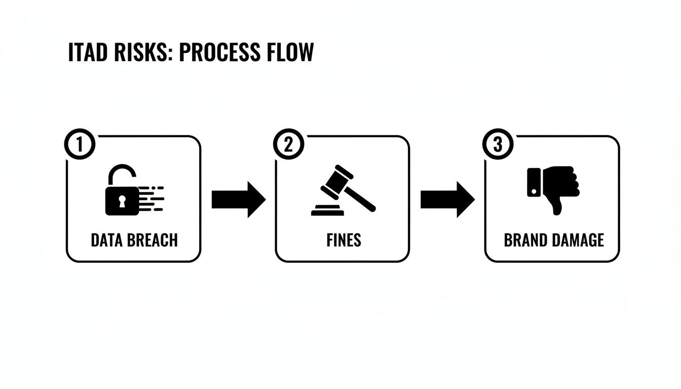 A process flow diagram illustrates ITAD risks: data breach leading to fines and brand damage.