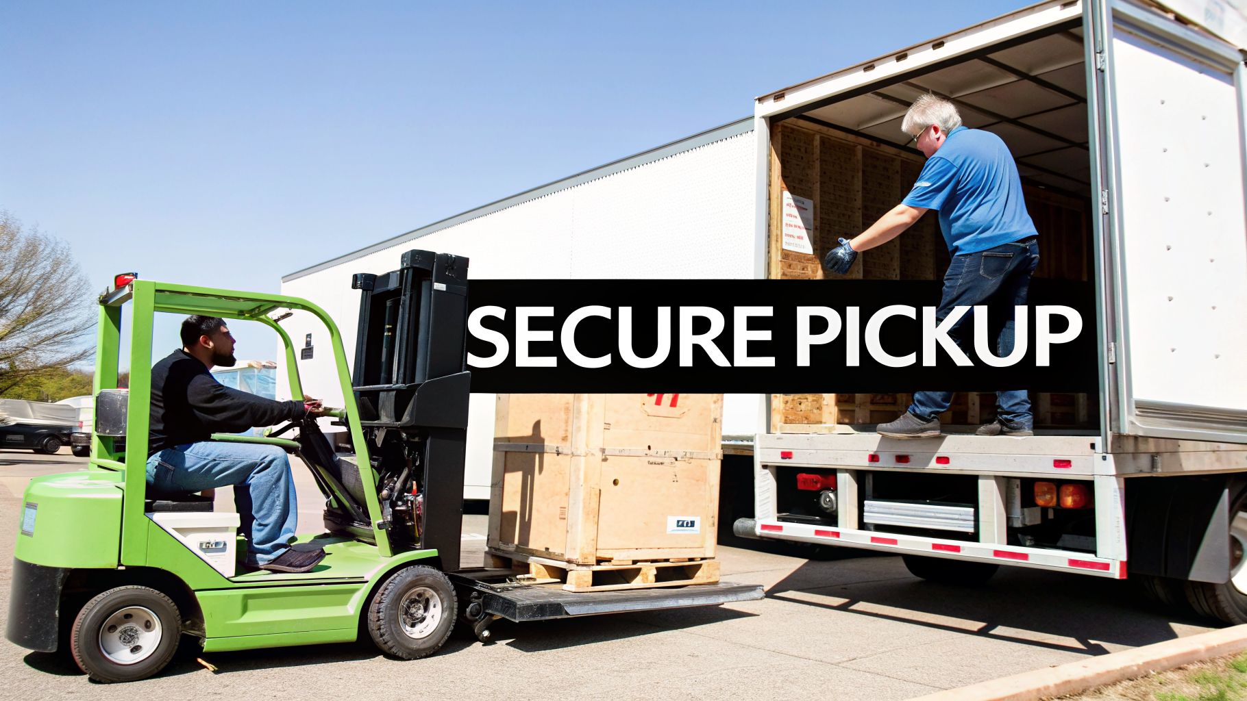 A man operates a green forklift loading a large wooden crate onto a white truck for secure pickup.