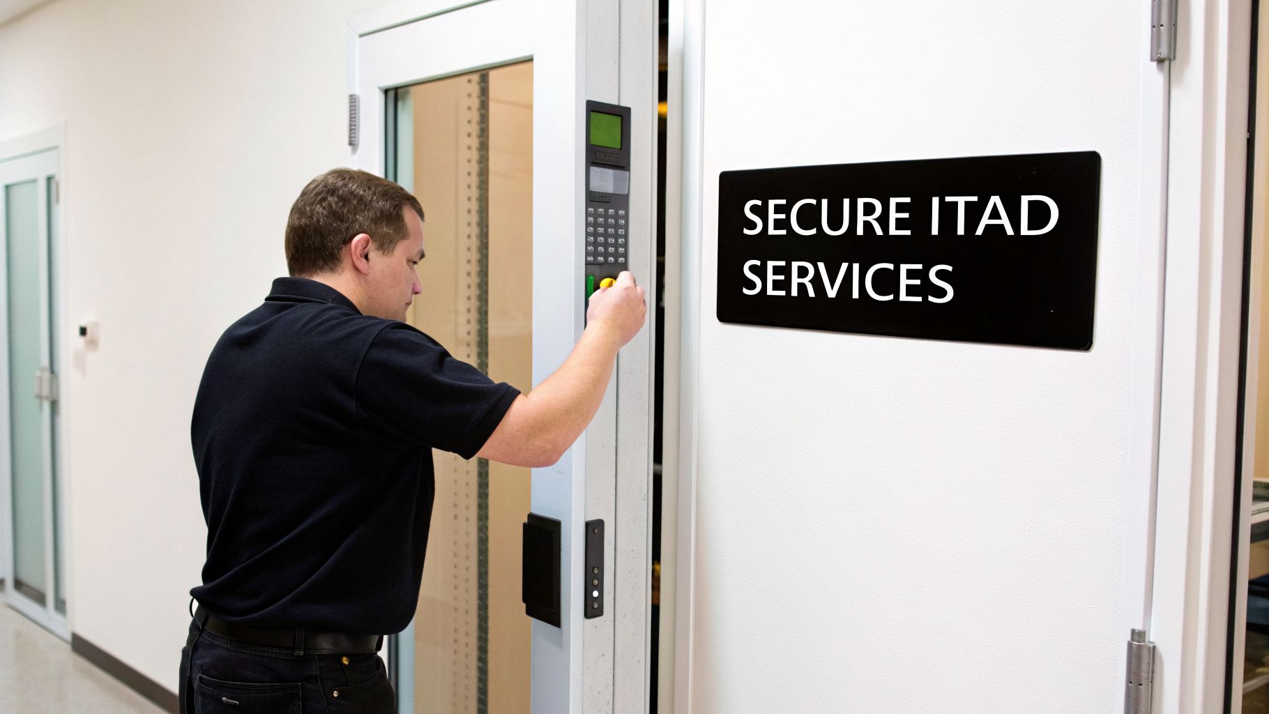 A man enters an access code on a secure door keypad for ITAD services.