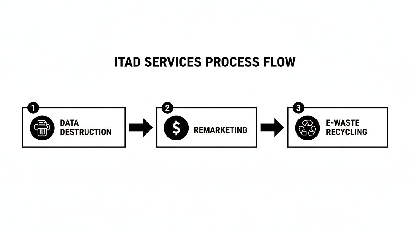 Flowchart illustrating the ITAD services process: Data Destruction, Remarketing, and E-Waste Recycling.