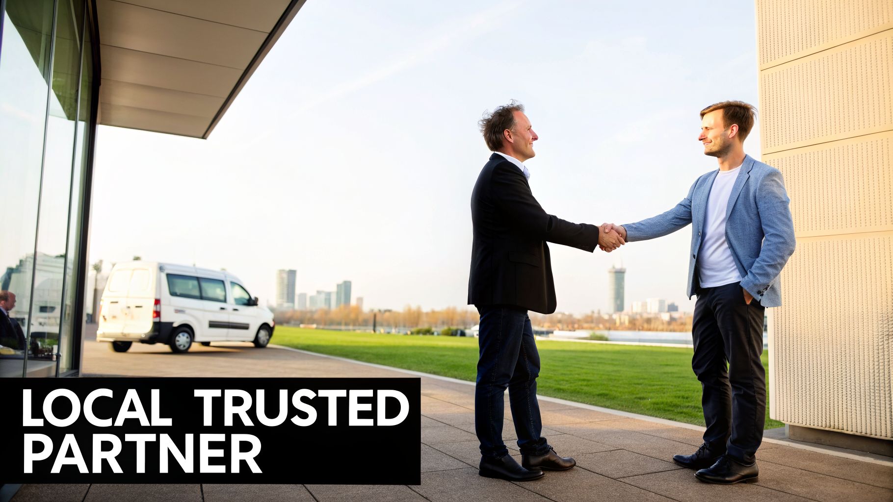 Two men in business attire shake hands, symbolizing a 'LOCAL TRUSTED PARTNER' with a city background.