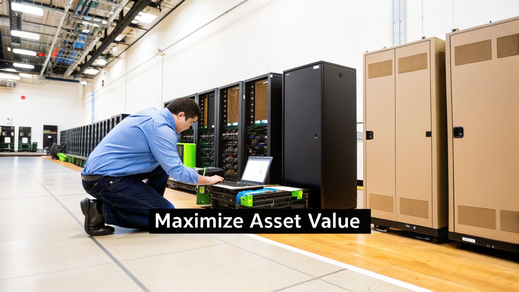 Technician in a blue shirt kneeling, working on a laptop in a data center with numerous server racks.
