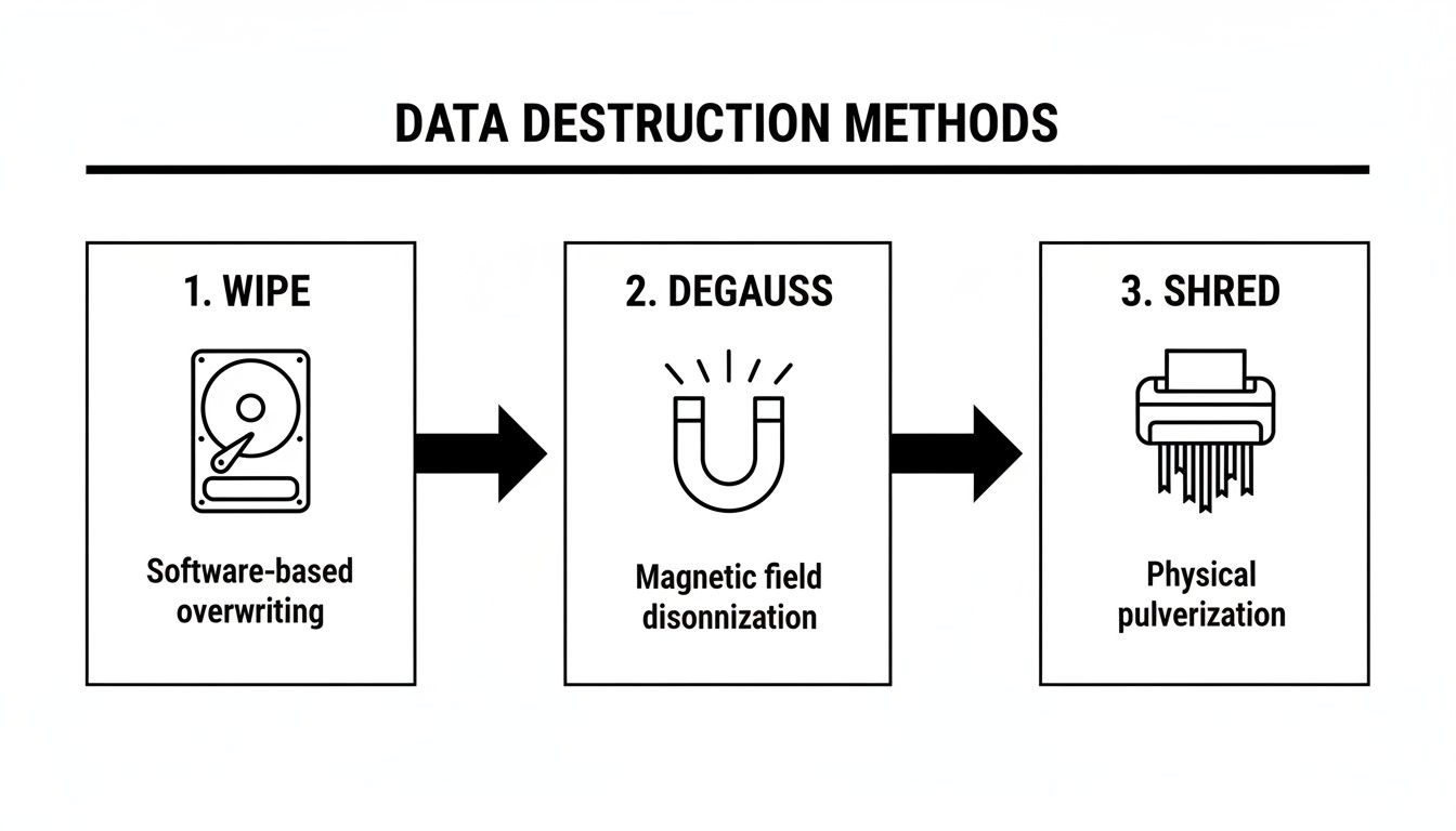An infographic illustrating three data destruction methods: wipe, degauss, and shred, with icons.