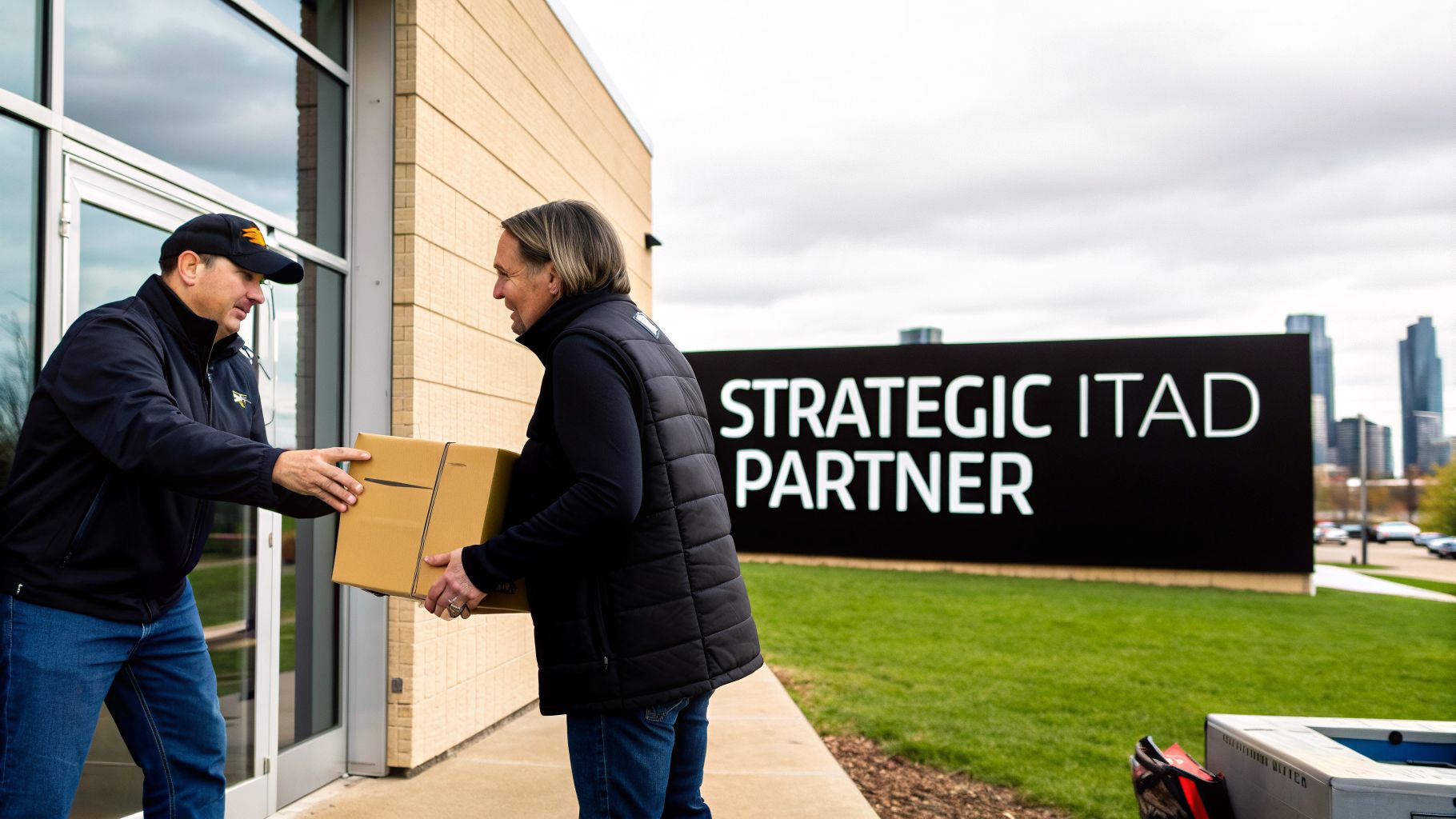 Two men exchange a brown package outside a building with a 'Strategic ITAD Partner' sign.
