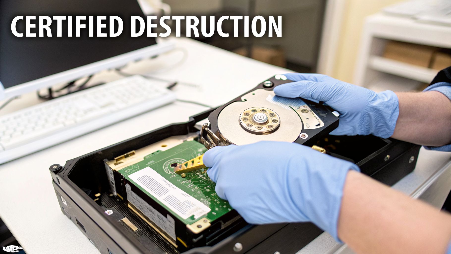 Gloved hands disassembling a hard drive for certified data destruction services.