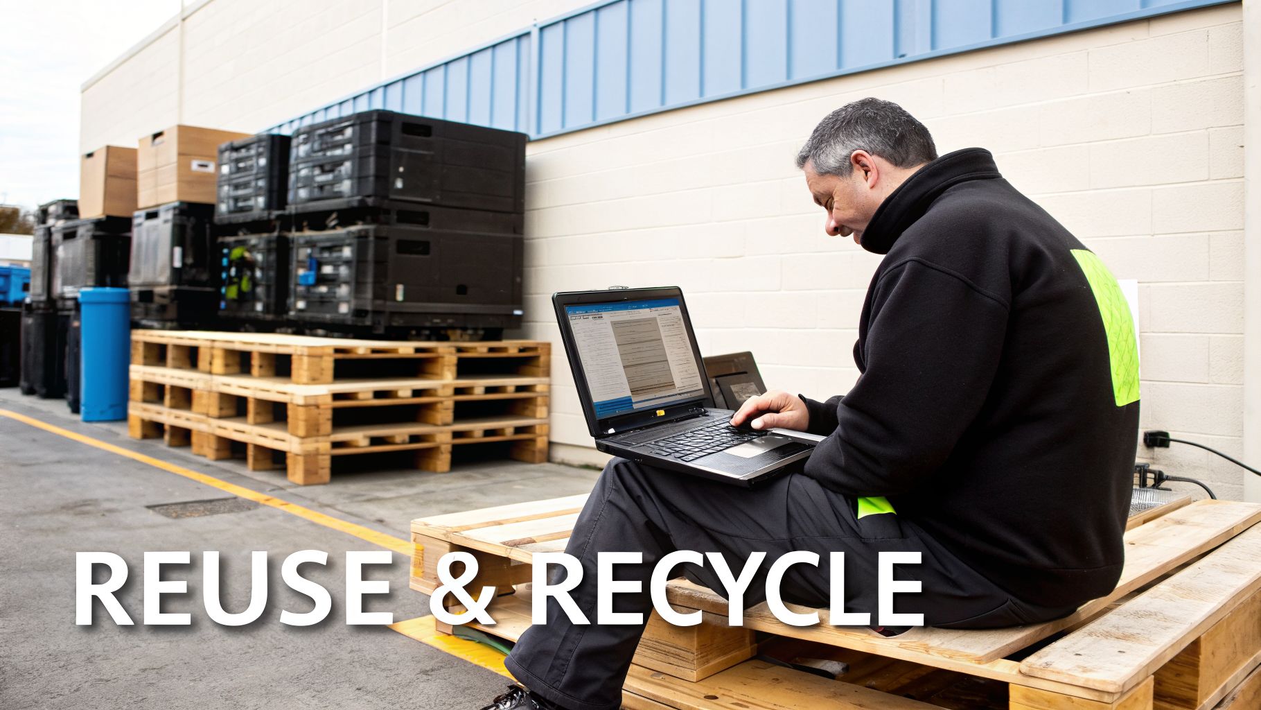 Man on pallets using laptop near stacked electronics boxes, promoting reuse and recycle.