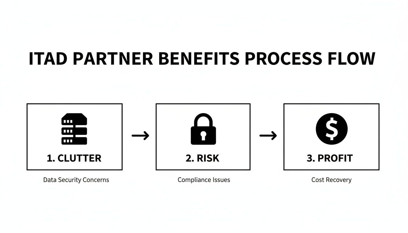 A three-step ITAD partner benefits process flow illustrating clutter, risk, and profit stages.