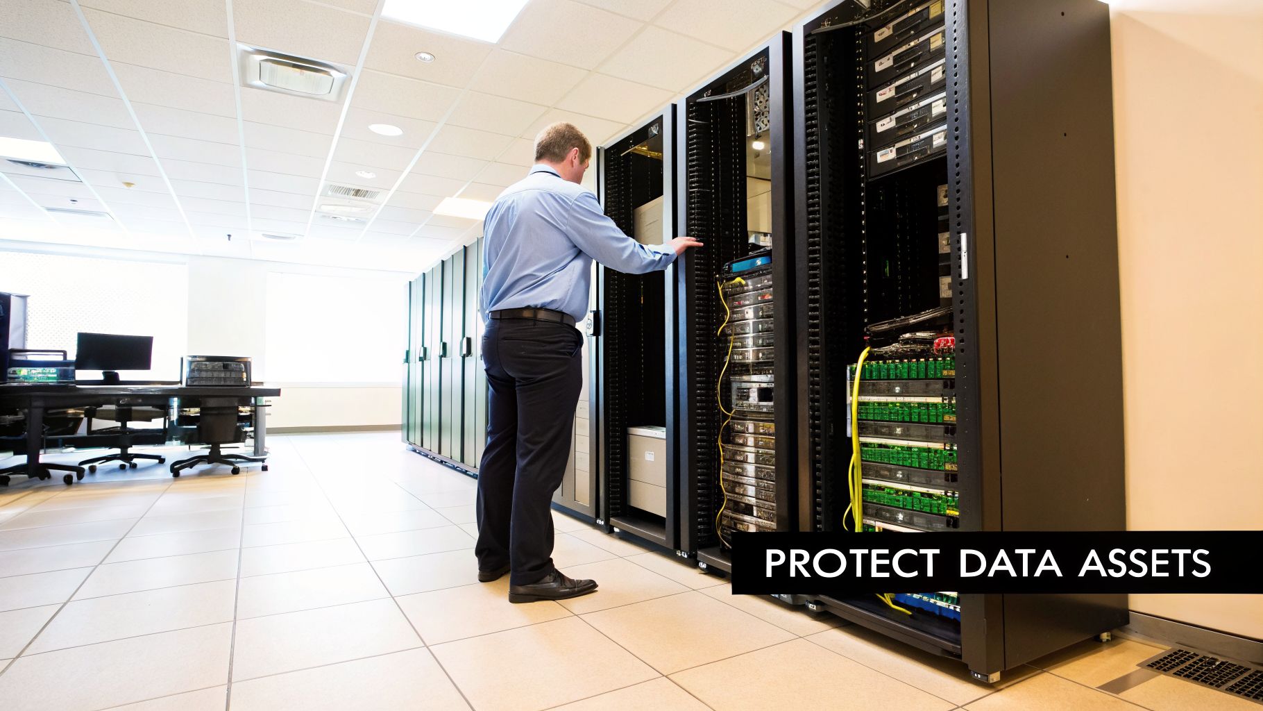 A man in a blue shirt works with server racks in a modern data center, emphasizing data asset protection.