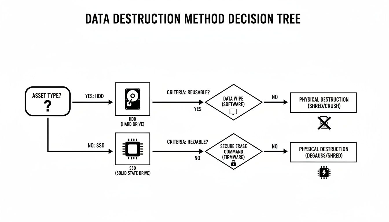 Decision tree illustrating data destruction methods for HDDs and SSDs, considering reusability for secure erasure.