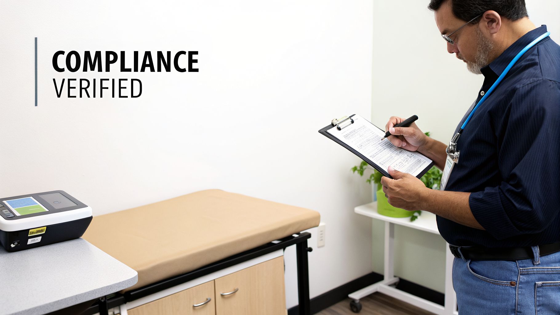 Man writing on a clipboard in a medical room with "COMPLIANCE VERIFIED" text.