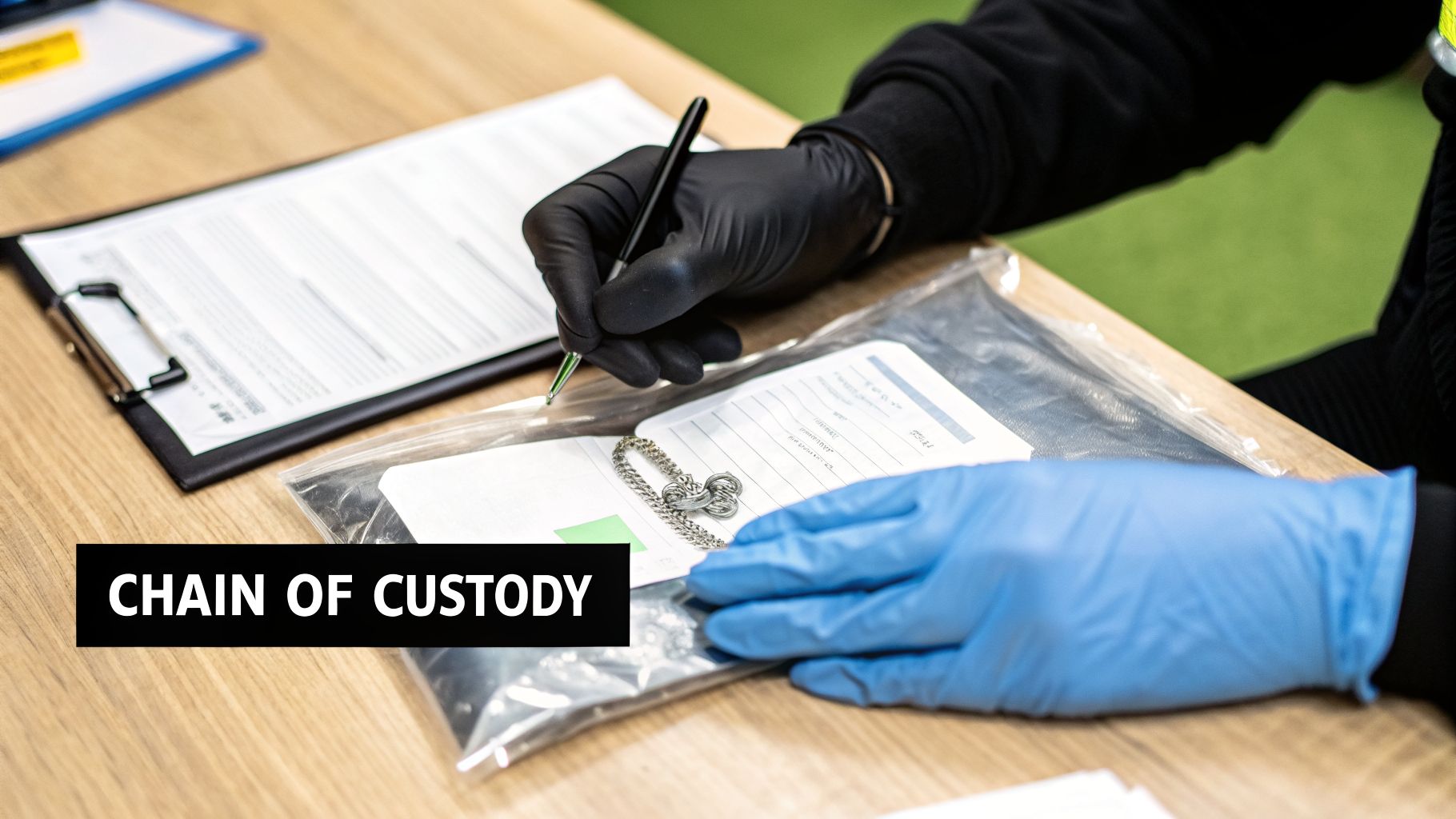 A person in black and blue gloves documenting evidence, including a silver chain, on a chain of custody form.