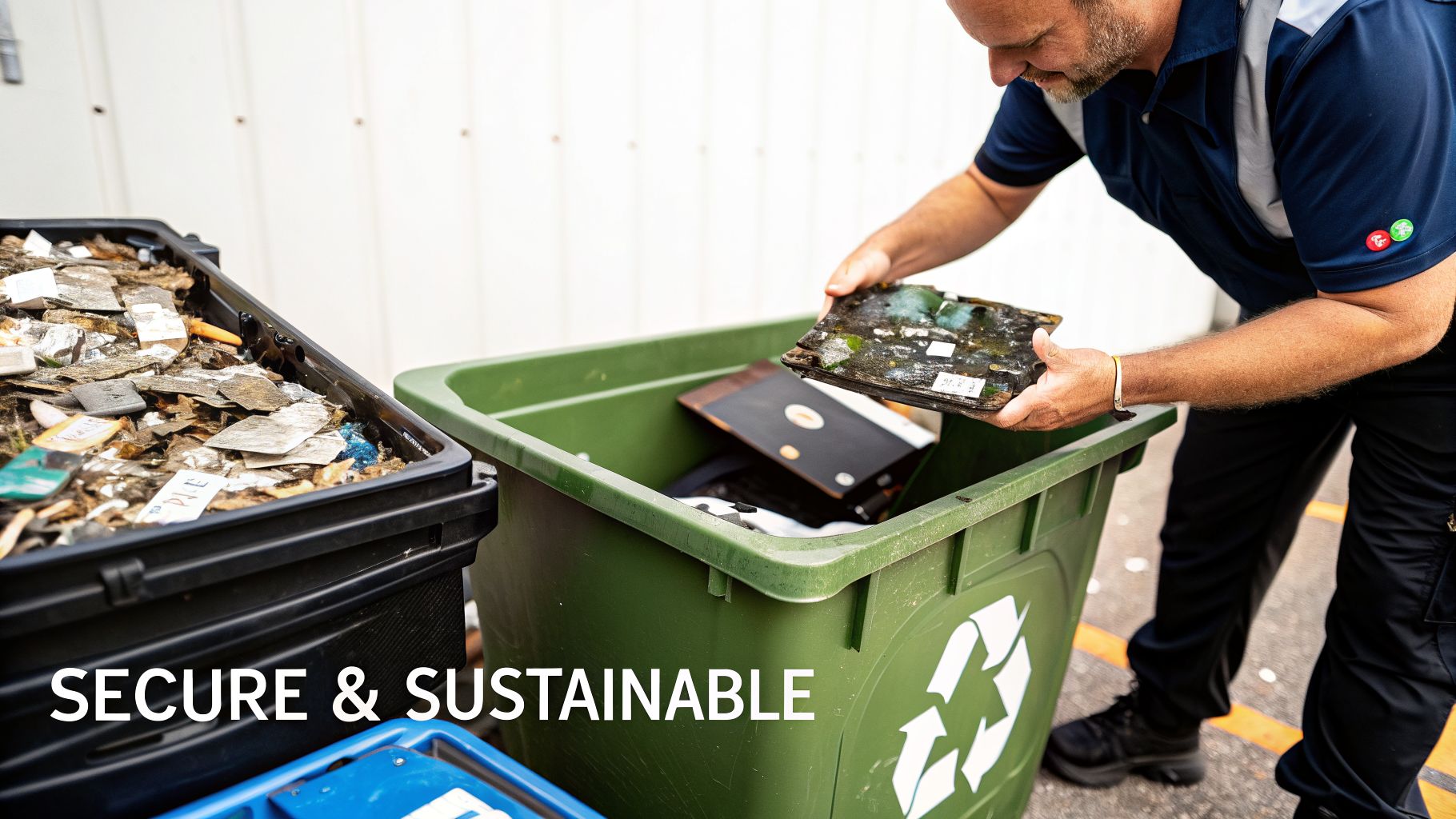 Man carefully places an old hard drive into a green recycling bin, highlighting secure and sustainable e-waste disposal.