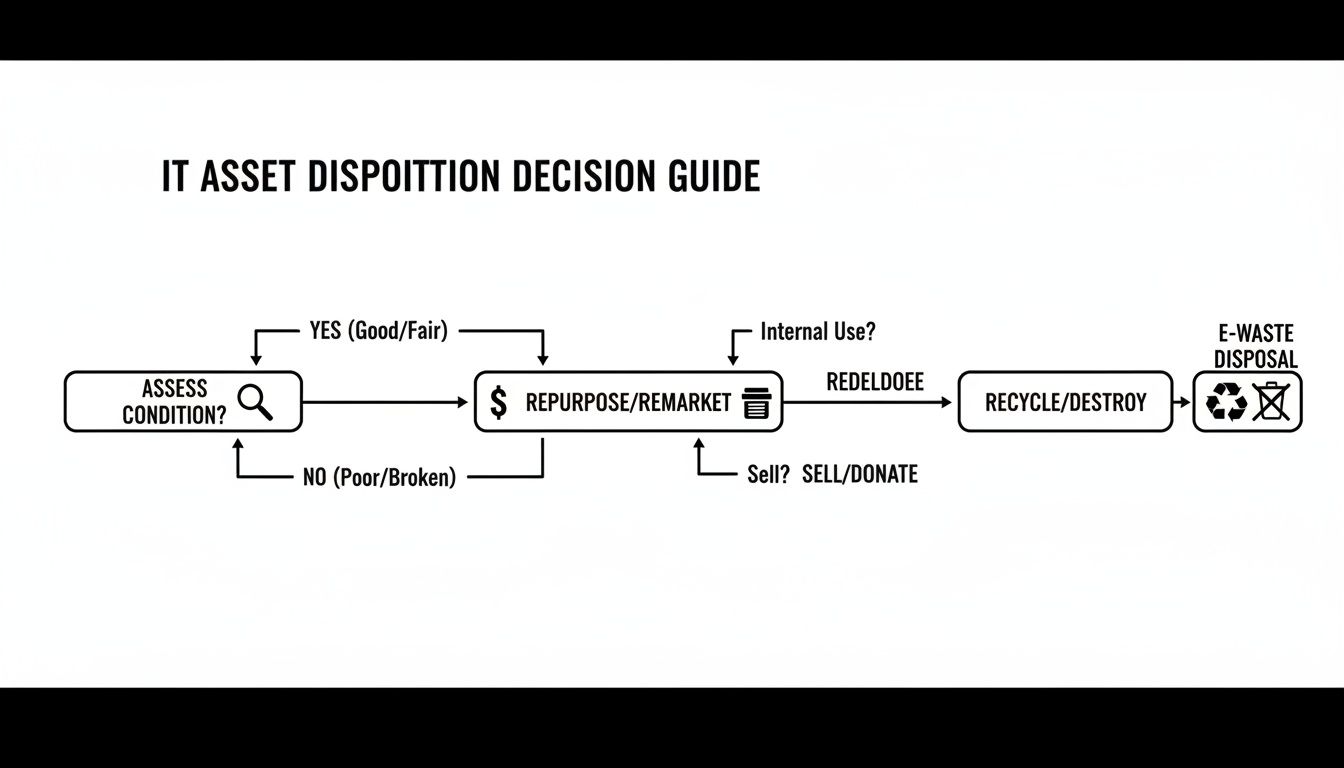 Flowchart illustrating the IT asset disposition decision guide, covering assessment, repurpose, remarket, recycle, and e-waste disposal.