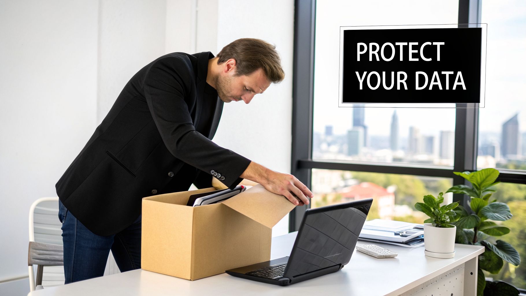 A man packing a cardboard box on a desk with a laptop and a "PROTECT YOUR DATA" sign.