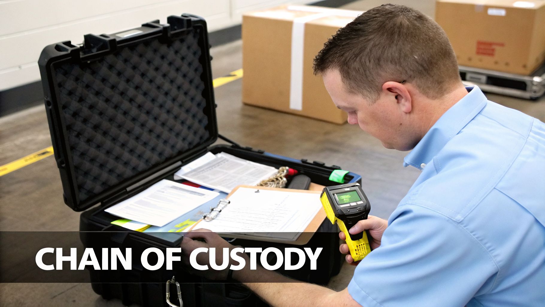 A man uses a yellow handheld device and reviews documents in an open black case, ensuring chain of custody.