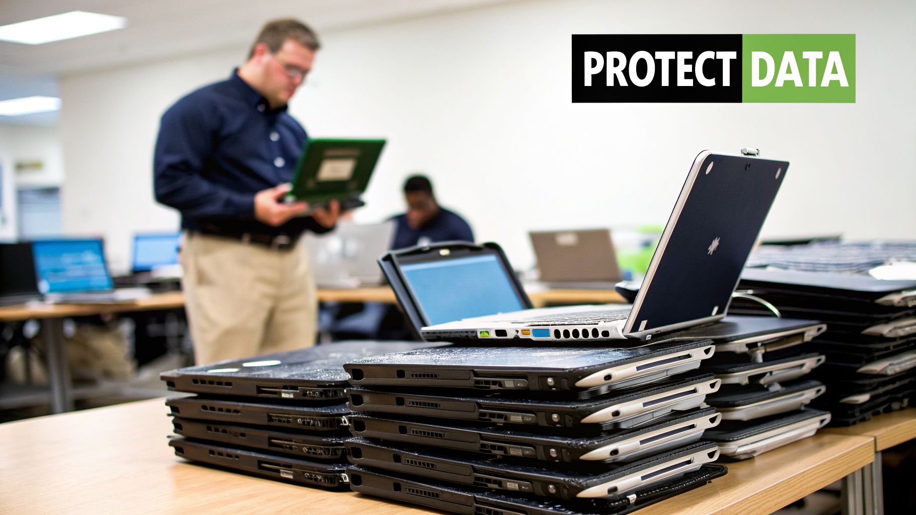 IT professionals in a computer lab with stacks of laptops, implying secure data handling.
