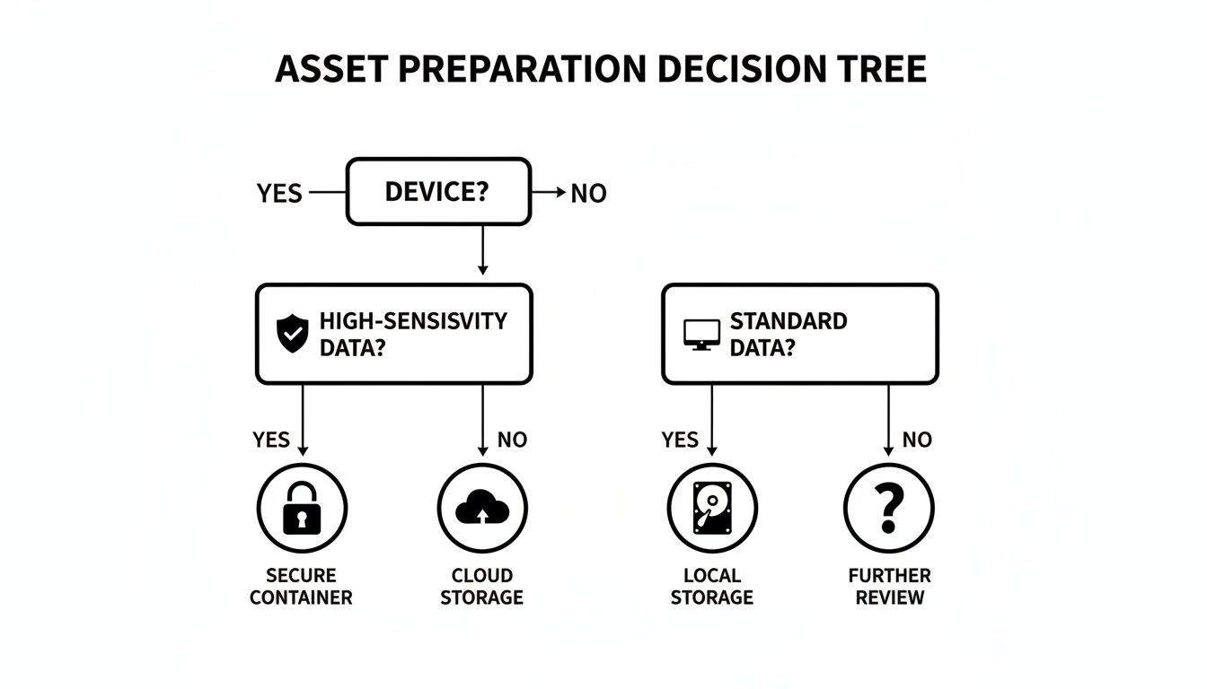 A decision tree flowchart for asset preparation, categorizing data into secure, cloud, local storage or review.