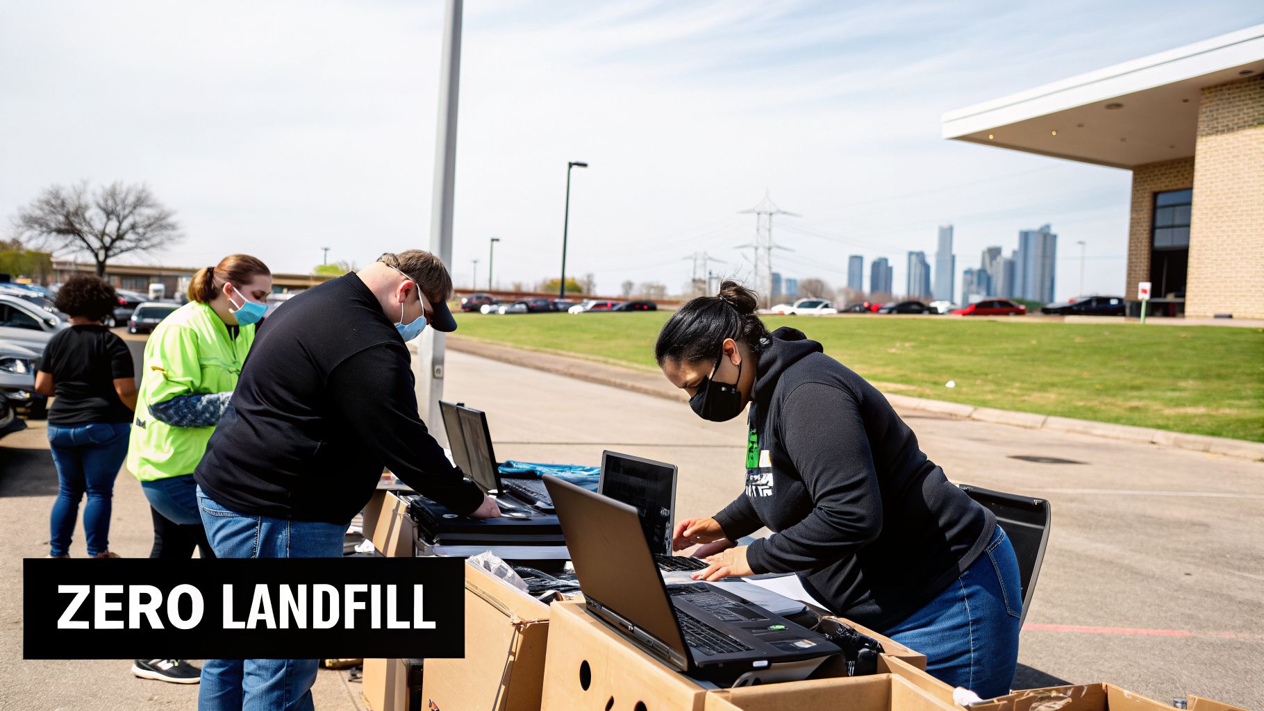 People in masks process electronics outdoors at a zero landfill recycling event with a city view.