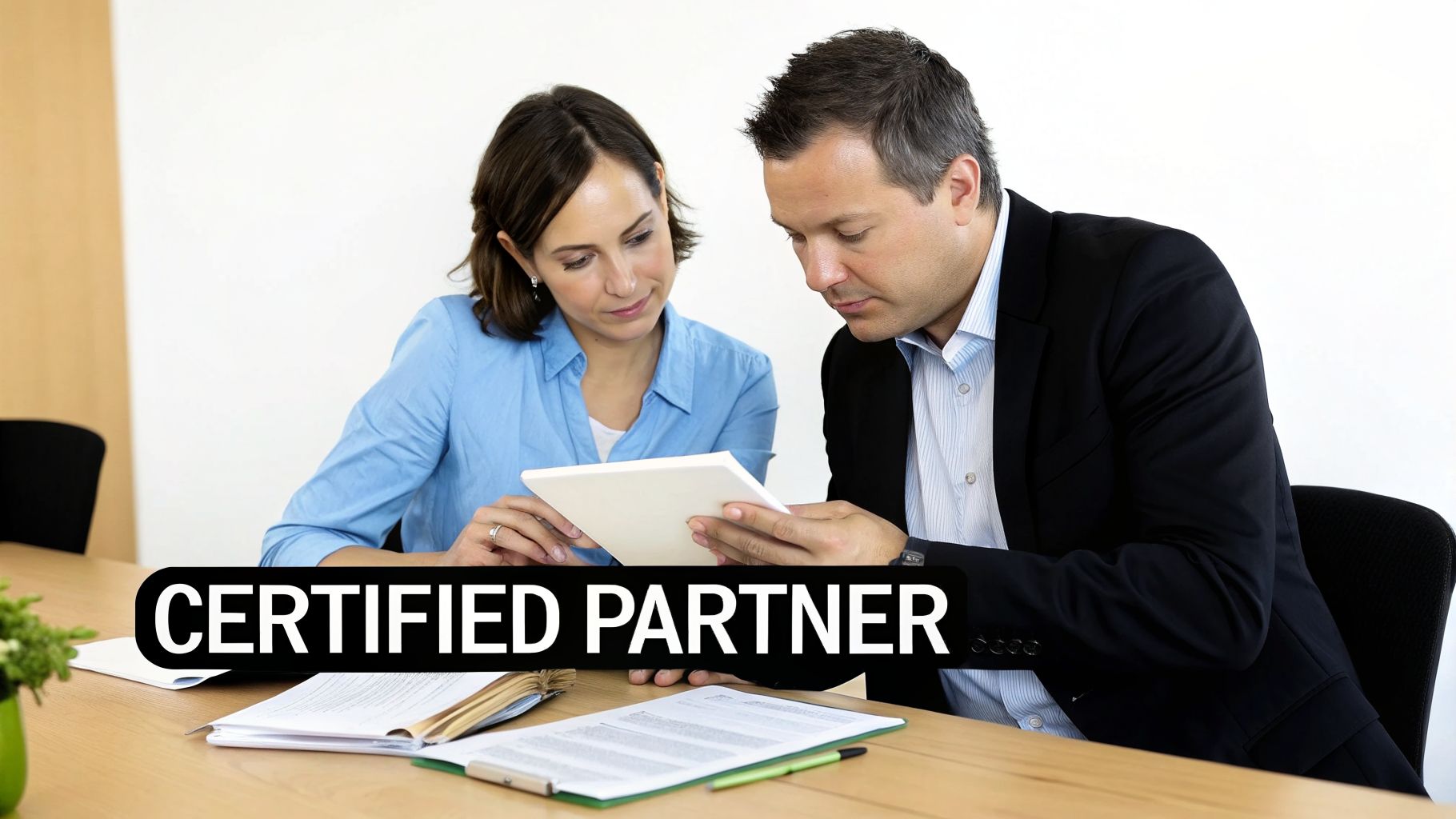 Two business partners, a man and a woman, discuss information on a white tablet, labeled 'CERTIFIED PARTNER'.