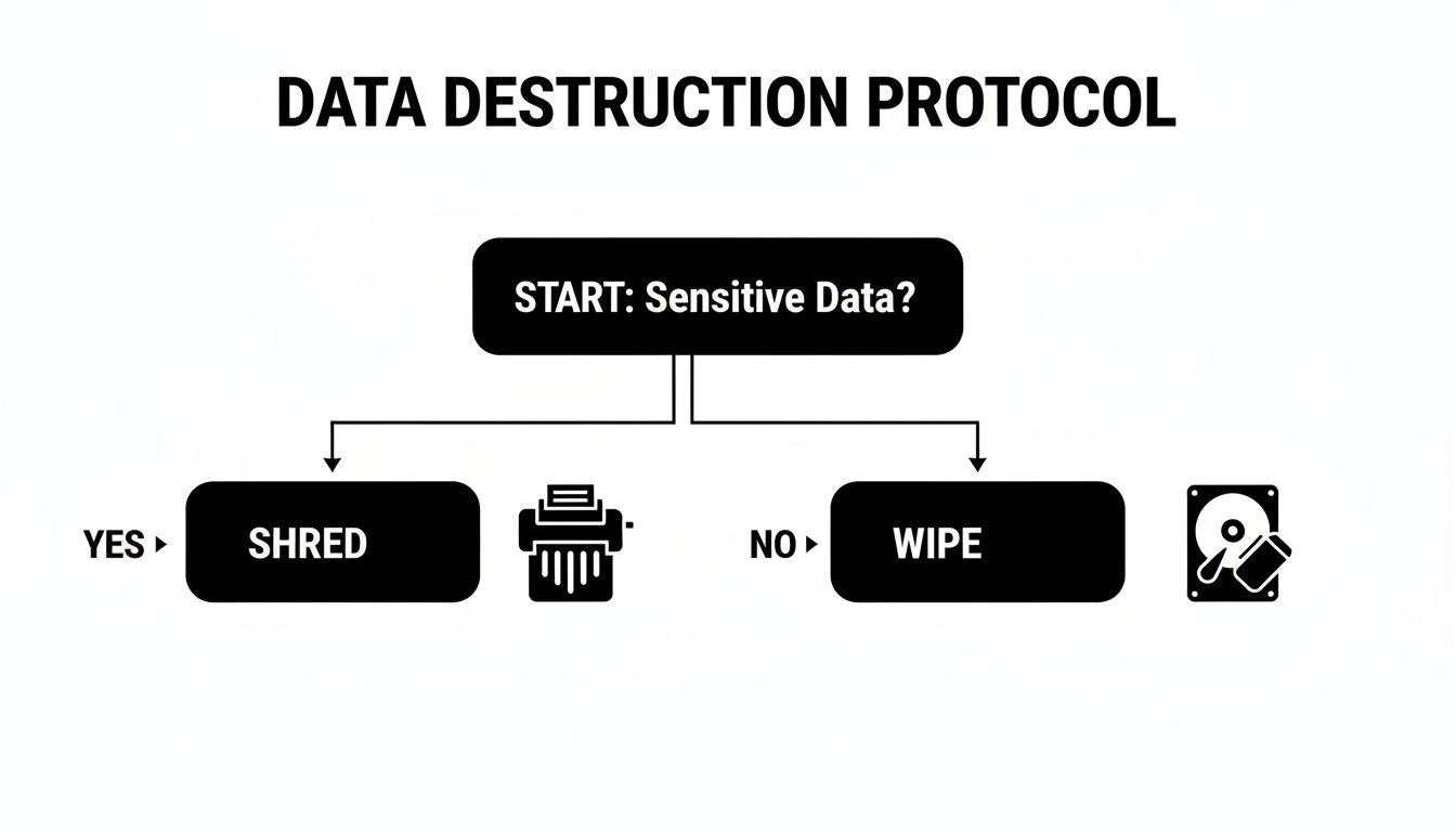 A flowchart detailing a data destruction protocol for sensitive versus non-sensitive data, showing shredding or wiping options.