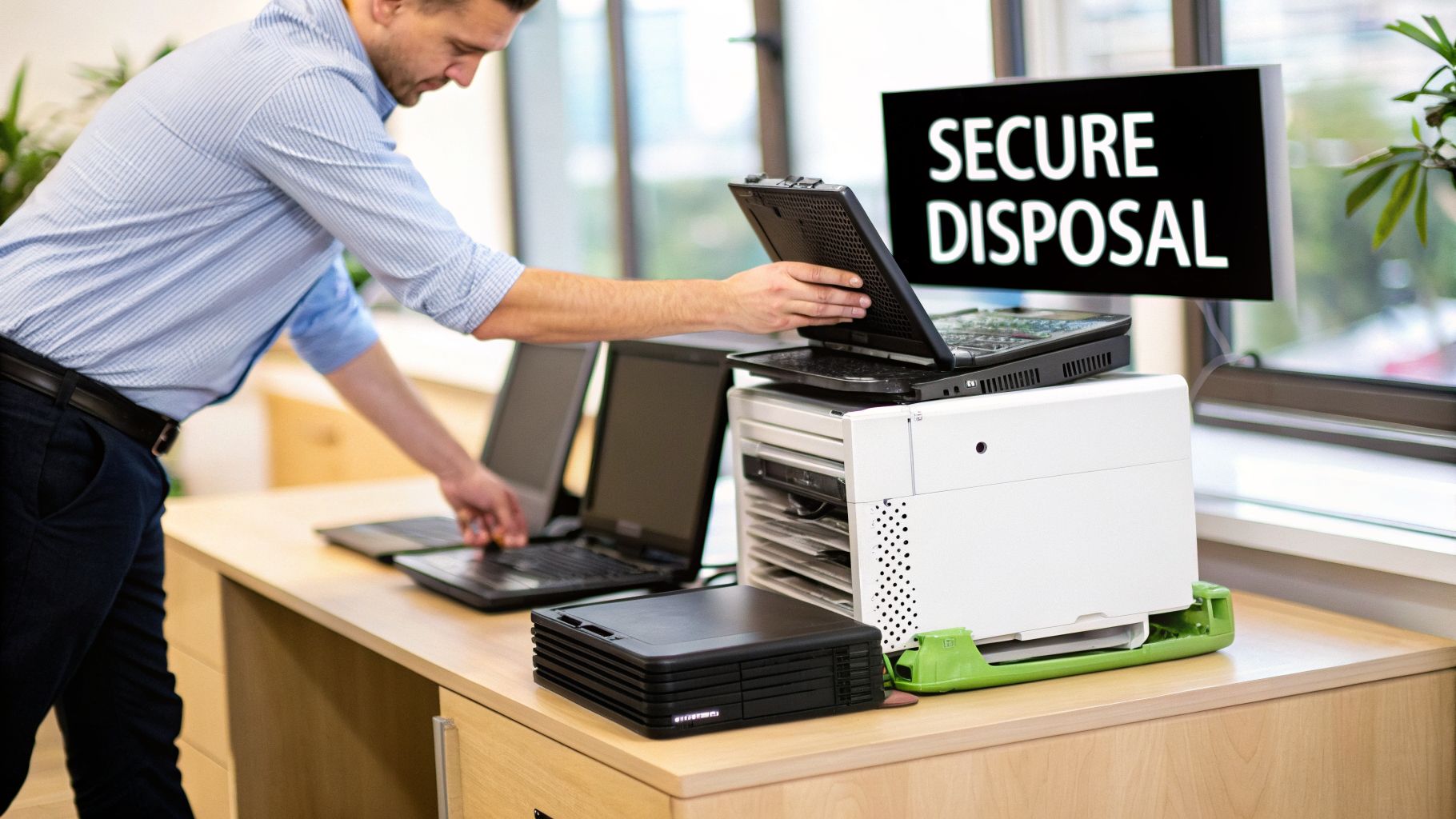 A man places old laptops onto a secure data destruction machine, with a monitor displaying 'SECURE DISPOSAL' in an office.