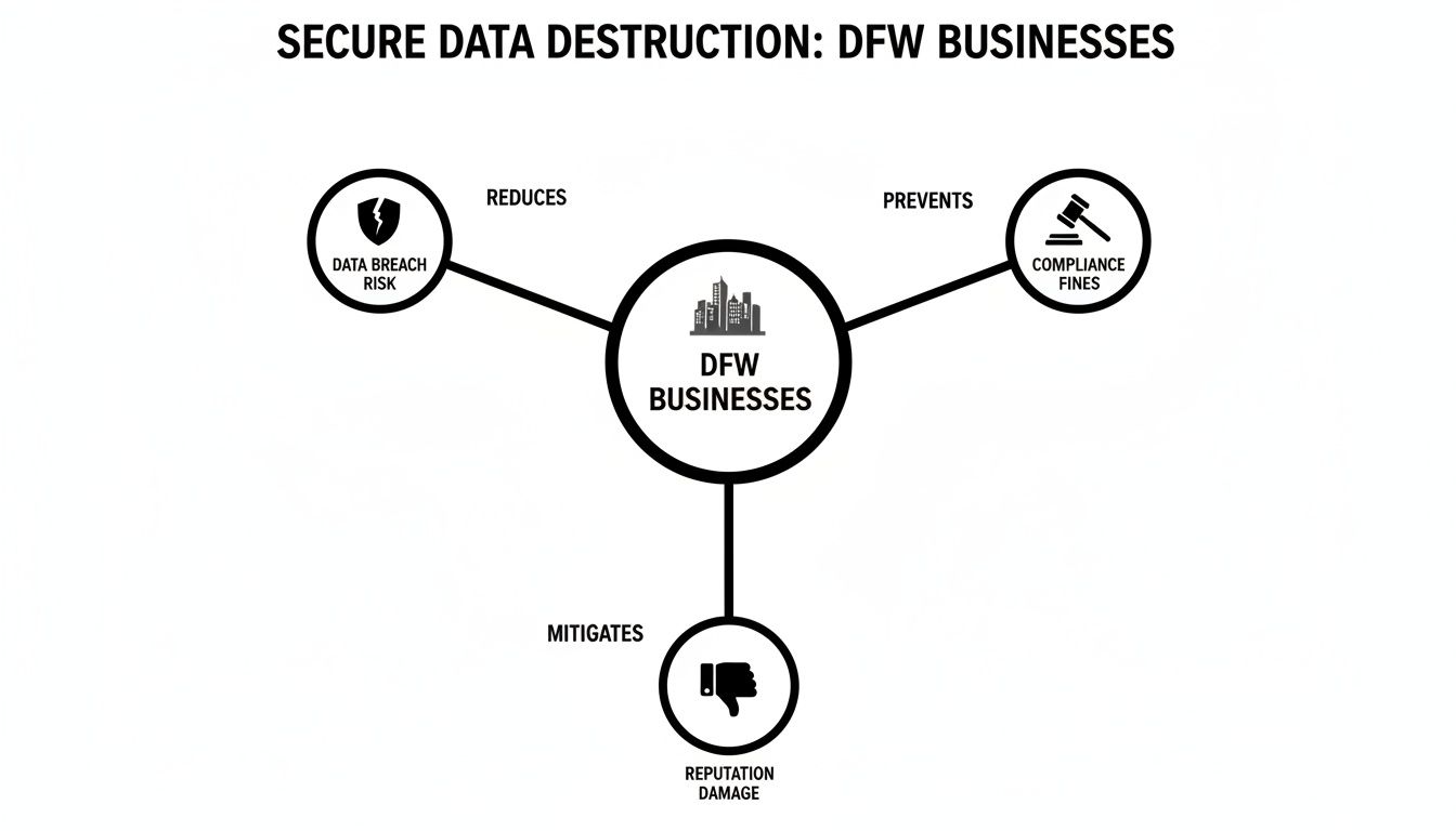 Diagram showing how secure data destruction helps DFW businesses by reducing data breach risk, preventing compliance fines, and mitigating reputation damage.