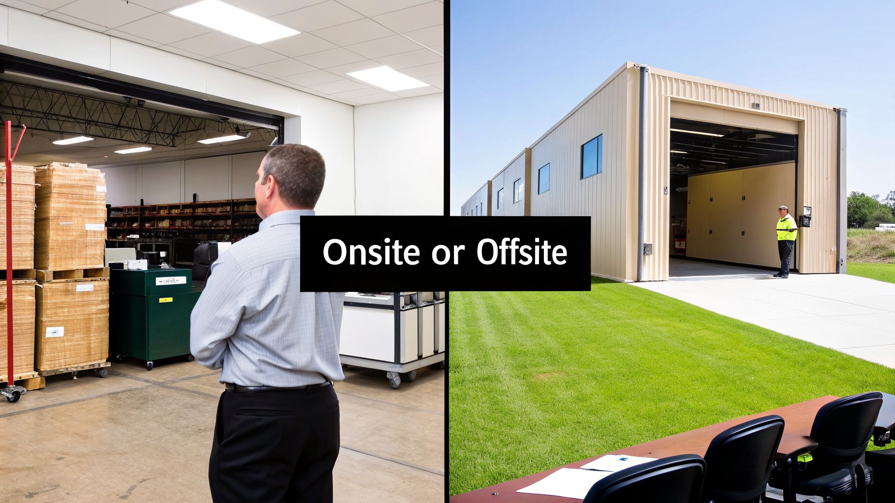 A split image showing an indoor warehouse (onsite) and an outdoor modular facility (offsite) with text overlay.