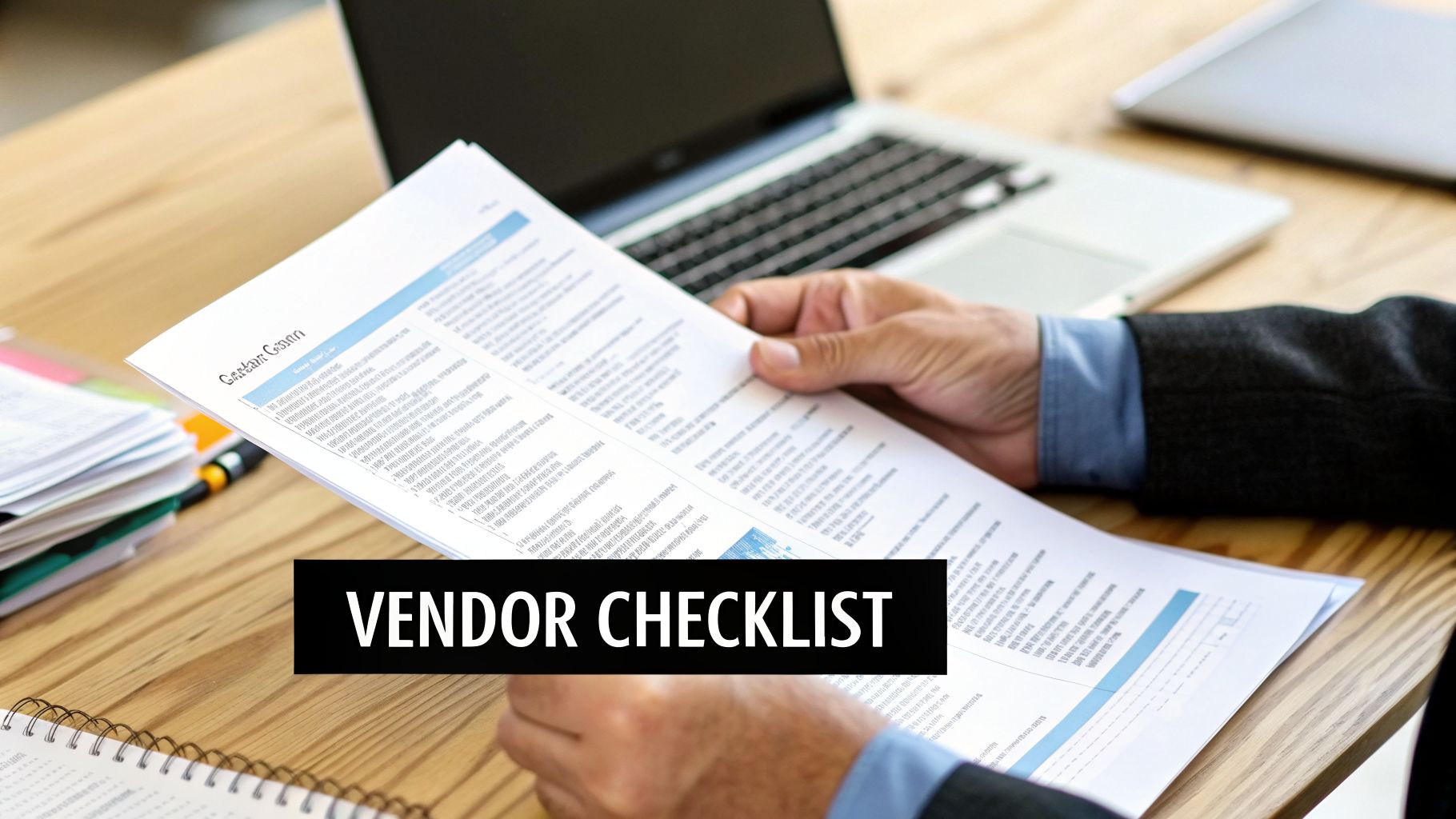 A person in a suit reviews a document titled 'Vendor Checklist' at a wooden desk with a laptop.