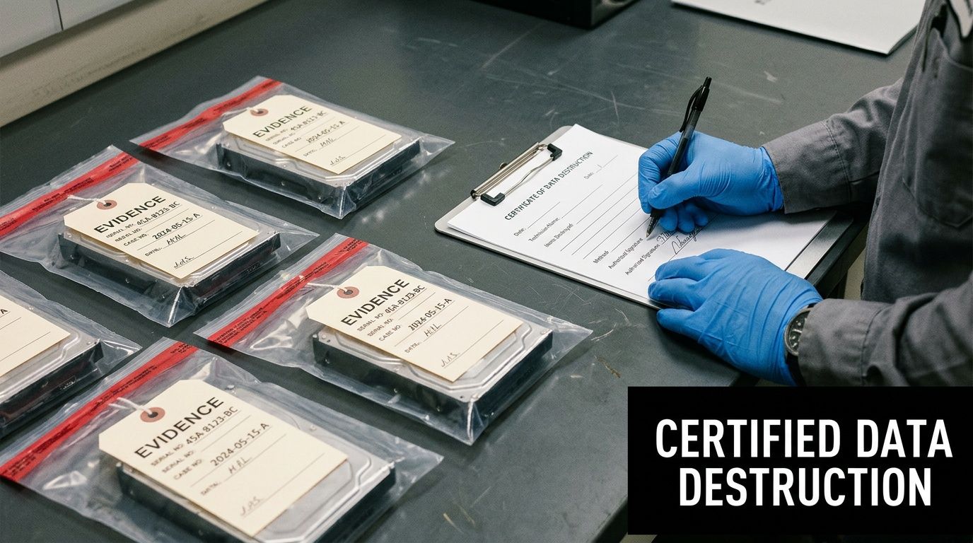 A person in blue gloves signs a data destruction certificate with evidence hard drives nearby.