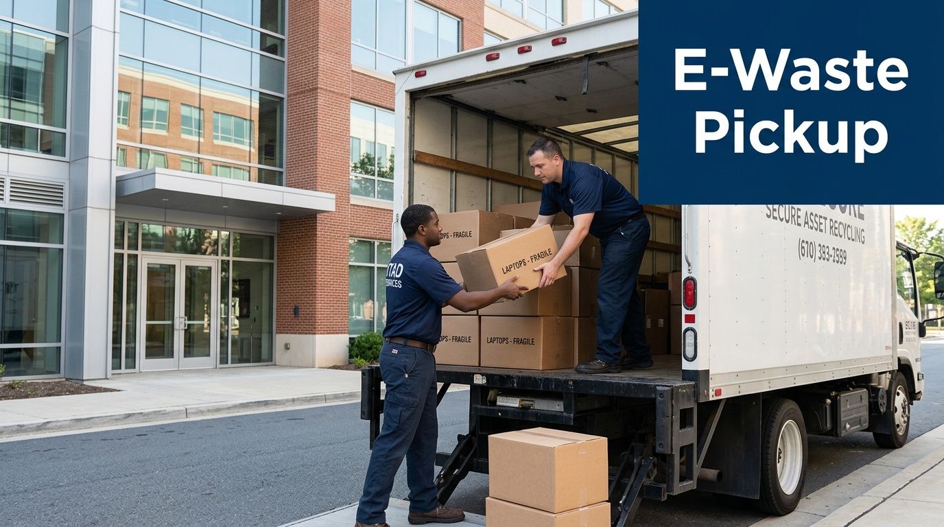 Two men load fragile laptop e-waste boxes into a secure asset recycling truck.