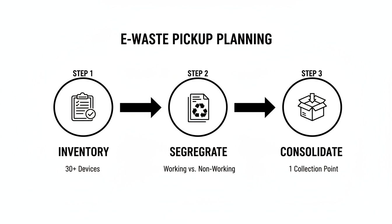 Diagram illustrating the 3 steps for e-waste pickup planning: inventory, segregate, and consolidate devices.
