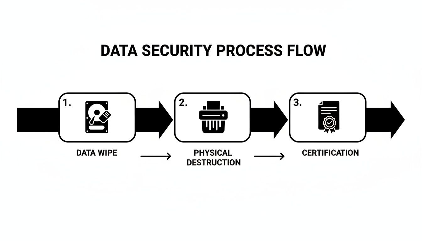A diagram illustrating the data security process flow: data wipe, physical destruction, and certification.