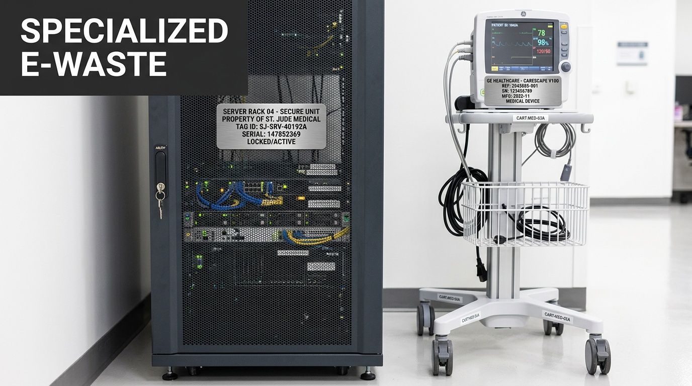 Specialized e-waste: a secure server rack and a GE Healthcare medical monitor on a cart.