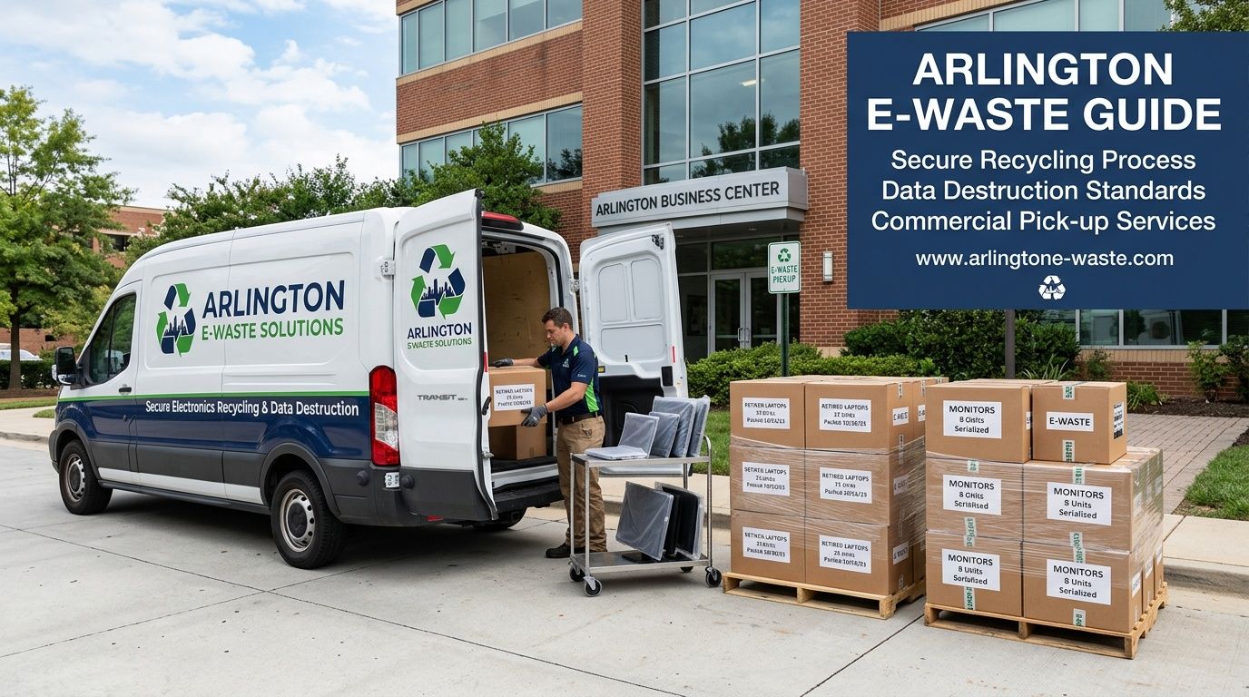 Arlington E-Waste Solutions van being loaded with boxes of retired electronics and monitors by a worker.