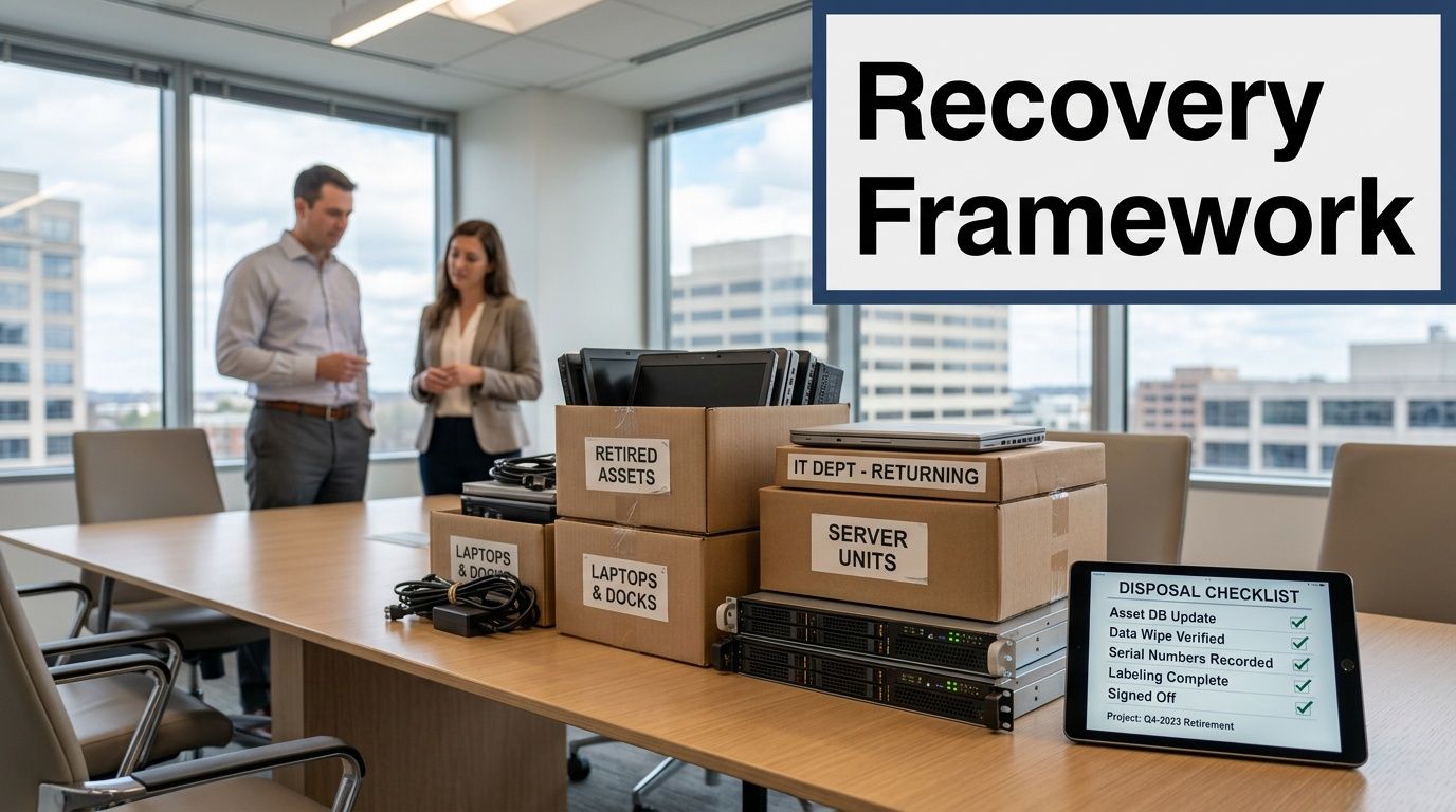 IT equipment on a table in an office, with boxes for retired assets and a disposal checklist.