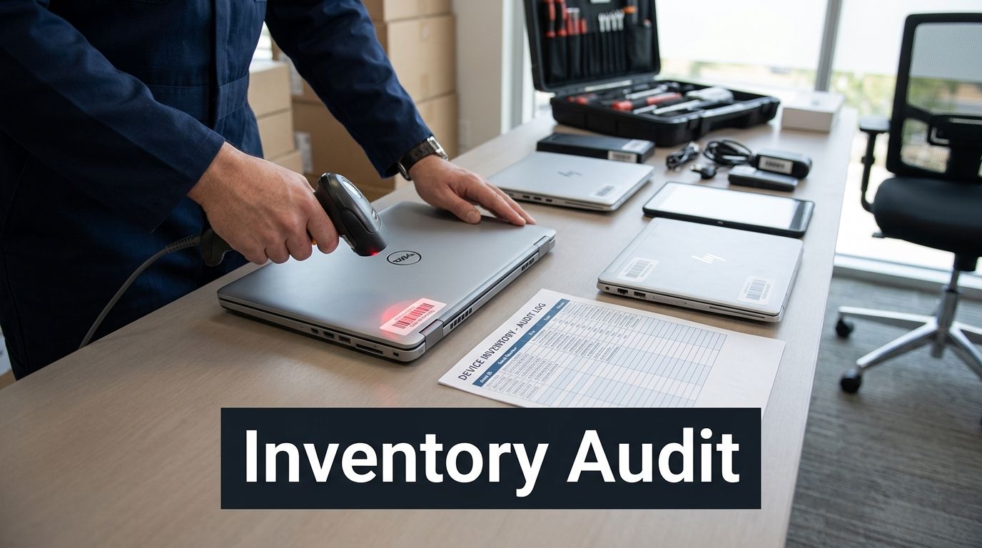 A technician scans a Dell laptop's barcode with a scanner during an IT inventory audit.