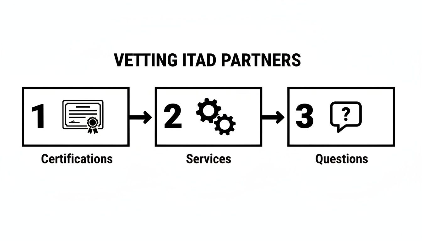 Flowchart detailing the 3-step vetting process for ITAD partners: Certifications, Services, and Questions.