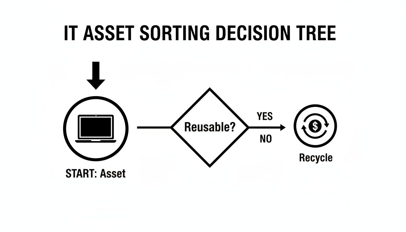 Decision tree diagram illustrating the process for sorting IT assets, guiding whether to reuse or recycle.